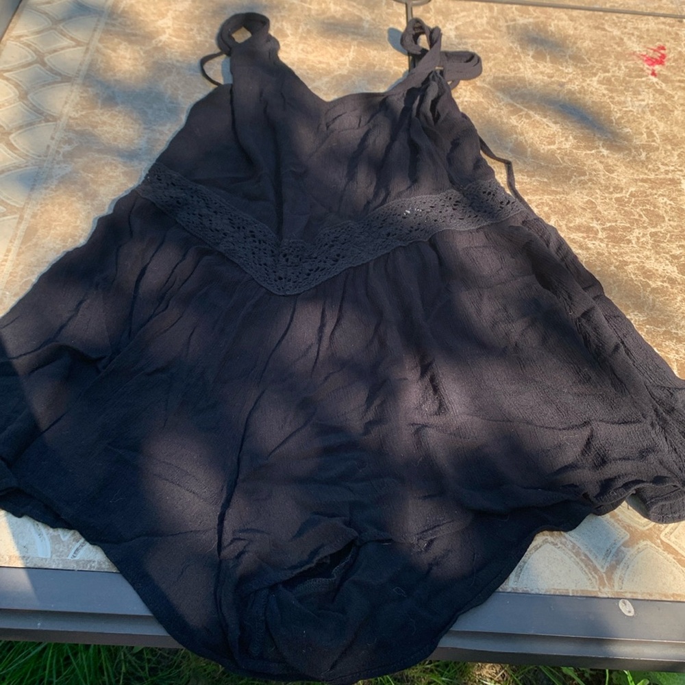 Black romper, lace middle, ties and zips, sleeveless, size L